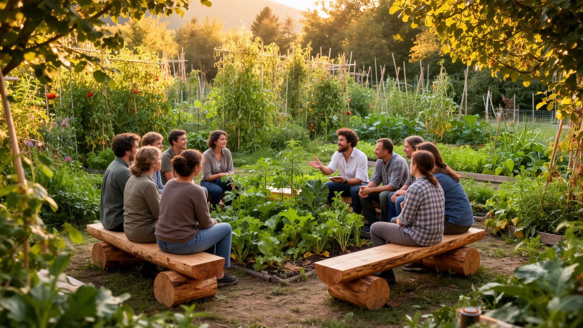 Skupina ljudi se uči v food forestu na leseni klopi